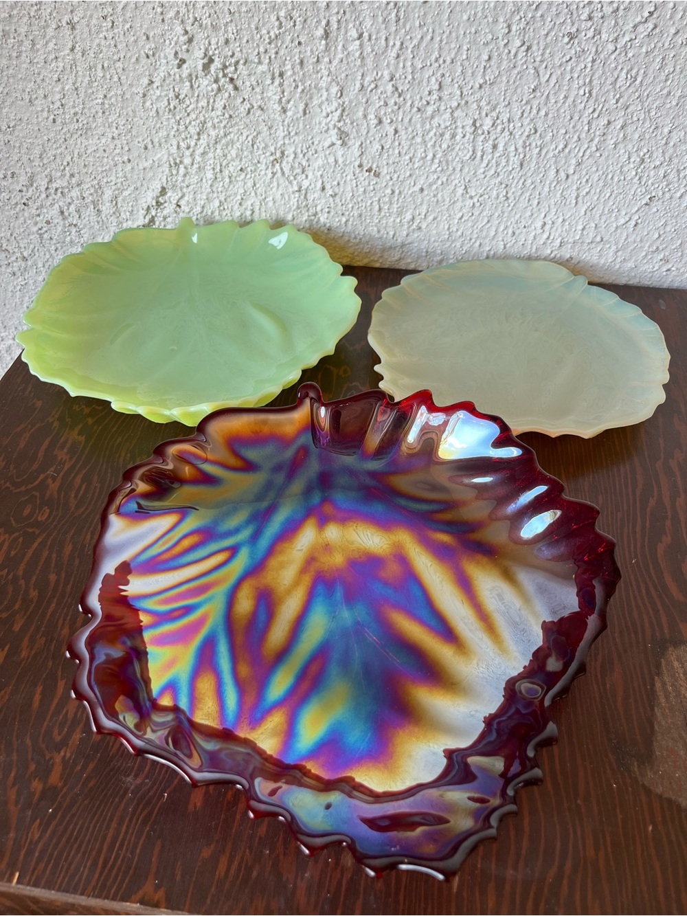 Vintage Murano Set Of 3 Glass Iridescent Red Leaf Bowl/Plates Yalos Casa Italy
